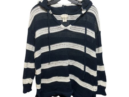 Open Knit Hooded Sweater By Nicole Miller In Blue & White, Size: 1x For Sale