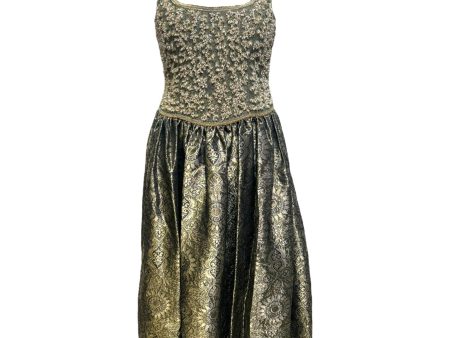 Beaded Jacquard Gown Dress Designer By Escada Couture In Green   Gold, Size: 8 on Sale