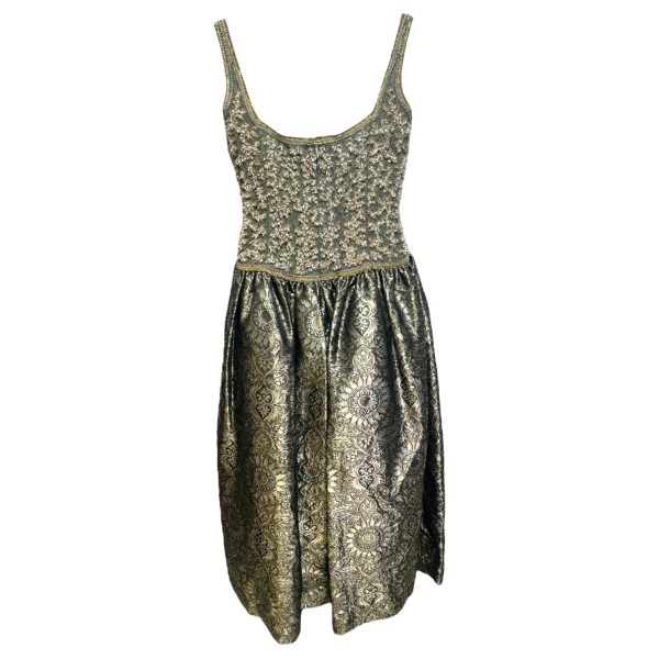 Beaded Jacquard Gown Dress Designer By Escada Couture In Green   Gold, Size: 8 on Sale